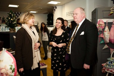 L-R Deborah Reyner who runs crafted goods company Milla & Arti, with Emma Jones, co-founder of StartUp Britain, and Eric Pickles at a PopUp Britain store (c) PopUP Britain