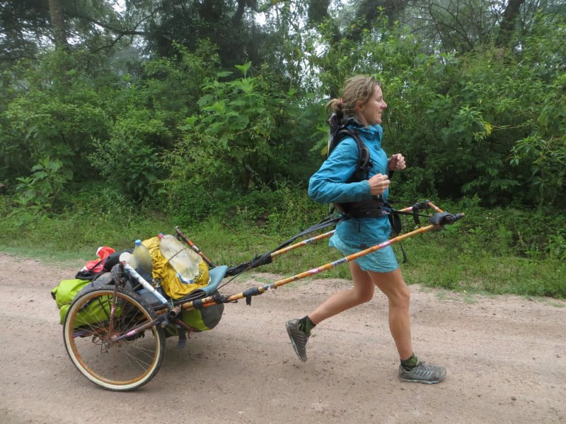 Katharine pulling the cart of food, camping, education and science equipment © 5000mileproject.org