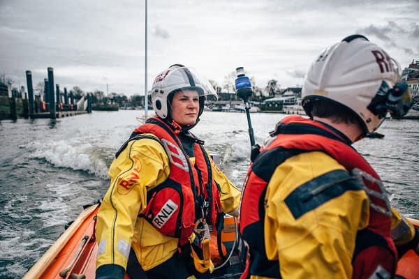 Manon Jones and Harry Eaton, Volunteer Crew at Teddington Lifeboat Station RNLI onboard the station's Class D Lifeboat on a training exercise.