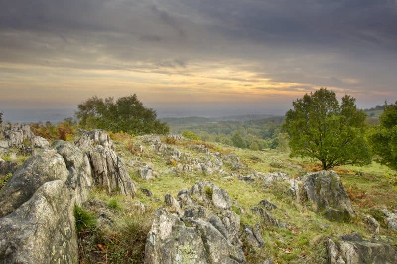 Sun rising over woodland with rocks in the foreground, Beacon Hill Country Park, October, UK