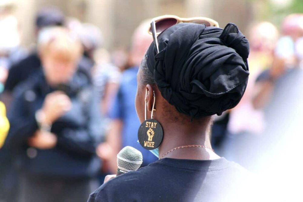 Ruqia Osman addresses a crowd in Bristol, speaking about her experience as a black woman living in the UK